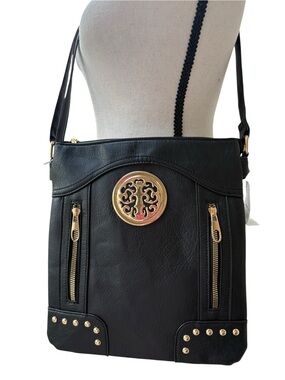 Women's Black Crossbody Bag with Gold Medallion Accent